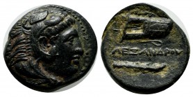 Kings of Macedon. Alexander III 'the Great', 336-323 BC. Æ (19mm, 6.18g) . Miletos. Head of Herakles right, wearing lion skin / AΛΕΞΑΝΔΡΟΥ. Legend bet...