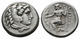 Kings of Macedon. Alexander III 'the Great', 336-323 BC. AR Drachm (16mm, 4.15g). Head of Herakles right, wearing lion skin. / AΛEΞANΔPOY. Zeus seated...
