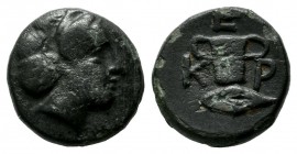 Kings of Thrace. Kersebleptes, ca.359-340 BC. Æ (11mm, 1.54g). Female head right / K E P. Two-handled cup; barley grain below. SNG Copenhagen 1070-1.
