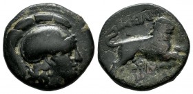 Kings of Thrace. Lysimachos, 305-281 BC. Æ (16mm, 4.60g). Uncertain mint. Helmeted head of Athena right. / BAΣIΛEΩΣ ΛYΣIMAXOY. Lion leaping right. Ker...