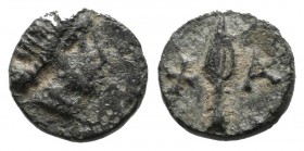Lesbos, Chalke. ca.4th century BC. Æ (8mm, 0.62g). Head of Artemis right, wearing stephane. / X - A. Spearhead. SNG von Aulock 8736-7; BMC 1-4; HGC 6,...