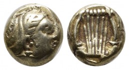 Lesbos, Mytilene. ca.412-378 BC. EL Hekte (9mm, 2.53g). Head of muse right, hair in sakkos. Lyre (Hexachord) within linear square border. Bodenstedt 7...