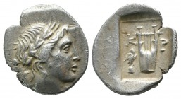 Lycia, Kragos. ca.30 BC. AR Hemidrachm (15mm, 1.77g). Λ-Υ; laureate head of Apollo right / K-P; kithara, in left field eagle or raven on omphalos; all...