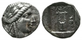 Lycia, Olympos. Pseudo-League Coinage. ca.167-81 BC. AR Hemidrachm (14mm, 2.43g). Laureate head of Apollo right / OΛYMΠ, Lyre; palm branch and trophy ...