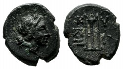 Mysia, Kyzikos. 3rd century BC. Æ (12mm, 1.74g). Head of Kore Soteira right. / K-Y/Ξ-I, tripod, monogram to left.