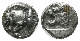 Mysia, Kyzikos. ca.450-400 BC. AR Obol (10mm, 1.18g). Forepart of boar left; to right, tunny upward / Head of roaring lion left within incuse square. ...
