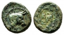 Mysia, Kyzikos. ca.250-150 BC. Æ (10mm, 2.03g). Head of bull right in beaded circle. / KY/ZI in a monogram, within oak wreath. Nomisma X Kyzikos, Grup...