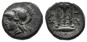 Mysia, Kyzikos. ca.300-180 BC. Æ (12mm, 2.21g). Head of Athena left in crested attic helmet. / K Y Z I; Tunny fish below tripod. Lindgren III 232.