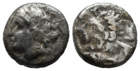 Mysia, Kyzikos. ca.390-340 BC. AR Drachm (14mm, 2.89g). Head of Kore Soteira, hair in sphendone. / Head of lion, tunny fish below. SNG.vAul.1223v. SNG...