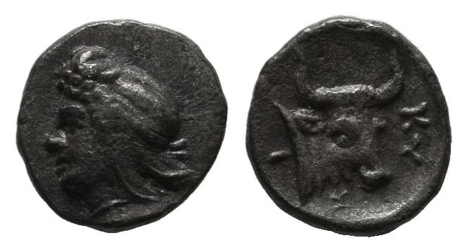 Mysia, Kyzikos. ca.410-400 BC. AR Hemiobol (7mm, 0.31g). Head of Attis left, wea...