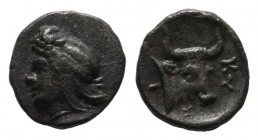 Mysia, Kyzikos. ca.410-400 BC. AR Hemiobol (7mm, 0.31g). Head of Attis left, wearing Phrygian cap; tunny below / KY. Bull’s head right. SNG France -; ...