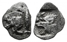Mysia, Kyzikos. ca.450-400 BC. AR Hemiobol (10mm, 0.40g). Forepart of boar left; to right, tunny upward / Head of roaring lion left; star to upper lef...