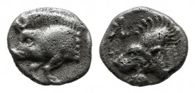 Mysia, Kyzikos. ca.450-400 BC. AR Hemiobol (6mm, 0.30g). Forepart of boar left; to right, tunny upward / K (retrograde), head of lion left; all within...