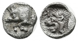 Mysia, Kyzikos. ca.450-400 BC. AR Obol (10mm, 0.77g). Forepart of boar left; to right, tunny upward / Head of roaring lion left; retrograde K to upper...