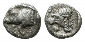 Mysia, Kyzikos. ca.450-400 BC. AR Obol (7mm, 0.37g). Forepart of boar left; to right, tunny upward / Head of roaring lion left; retrograde K to upper ...
