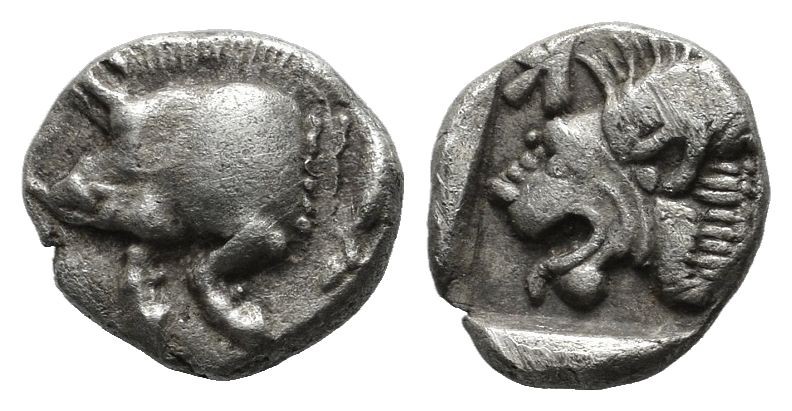 Mysia, Kyzikos. ca.450-400 BC. AR Obol (8mm, 0.82g). Forepart of boar left; to r...