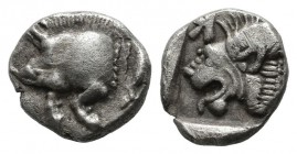 Mysia, Kyzikos. ca.450-400 BC. AR Obol (8mm, 0.82g). Forepart of boar left; to right, tunny upward / Head of roaring lion left; retrograde K to upper ...