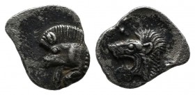Mysia, Kyzikos. ca.480 BC. AR Hemiobol (10mm, 0.43g). Forepart of boar to left, to right, tunny fish swimming upwards / Head of lion to left within in...