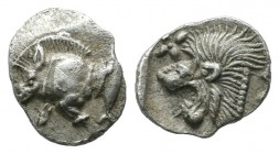 Mysia, Kyzikos. ca.480 BC. AR Hemiobol (9mm, 0.43g). Forepart of boar to left, to right, tunny fish swimming upwards / Head of lion to left within inc...