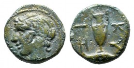 Mysia, Kyzikos. ca.4th century BC. Æ (8mm, 0.62g). Laureate head of Apollo left within circular border. / KY - Z (like H) I. Amphora; below, tunny rig...