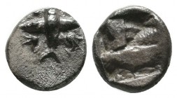 Mysia, Kyzikos. ca.500 BC. AR Obol (8mm, 0.88g). Two tunny fish crossed in saltire; pellet in each angle. / Incuse square punch. Nomisma IX -; SNG Fra...