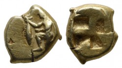 Mysia, Kyzikos. ca.500-450 BC. EL 1/12 Stater (8mm, 1.32g). Nude youth kneeling left, holding tunny fish. / Quadripartite incuse square. Von Fritze I ...