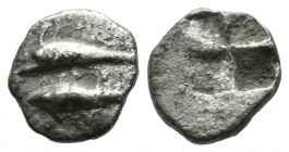 Mysia, Kyzikos. ca.520-480 BC. AR Obol (9mm, 0.72g). Dolphin left above tunny / Quadripartite incuse square. Von Fritze, Nomisma IX -; SNG France -; S...
