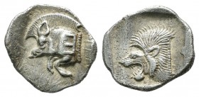 Mysia, Kyzikos. ca.525-475 BC. AR Obol (10mm, 0.84g). Forepart of boar left, E (retrograde) on shoulder, tunny behind. / Head of lion left within incu...