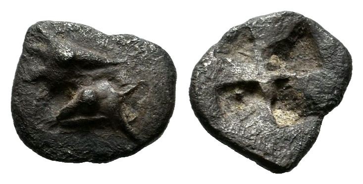 Mysia, Kyzikos. ca.530-500 BC. AR Hemiobol (8mm, 0.42g). Heads of two tunny fish...