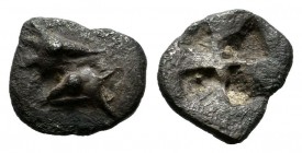 Mysia, Kyzikos. ca.530-500 BC. AR Hemiobol (8mm, 0.42g). Heads of two tunny fish in opposite directions / Quadripartite incuse square. Rosen 518.