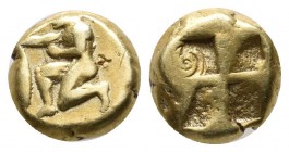 Mysia, Kyzikos. ca.550-450 BC. EL Hekte – Sixth Stater (9mm, 2.63g). Nude male kneeling left, holding in his extended right hand a tunny fish by the t...