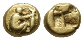 Mysia, Kyzikos. ca.550-500 BC. EL Hemihekte - 1/12 Stater (7mm, 1.32g). Monkey seated to right, holding tunny fish by the tail / Quadripartite incuse ...