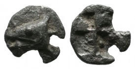Mysia, Kyzikos. ca.600-550 BC. AR Hemiobol (7mm, 0.33g). Tunny head left; below, small tunny fish left / Quadripartite incuse square. SNG von Aulock 7...
