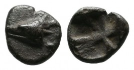 Mysia, Kyzikos. ca.600-550 BC. AR Tetartemorion (7mm, 0.19g). Tunny head right / Quadripartite incuse square. Cf. Von Fritze IX 2; SNG France 356.