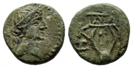 Mysia, Kyzikos. Pseudo-autonomous. 1st century AD. Æ (11mm, 1.92g). Laureate head of Apollo right. / KYZI. Lyre; monogram above. Von Fritze III, group...