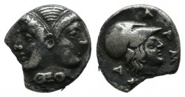 Mysia, Lampsakos. ca.400-300 BC. AR Diobol (11mm, 1.07g). Janiform female head; ΘEO on neck / ΛΑΜΨΑ; head of Athena right, wearing Corinthian helmet. ...