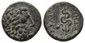 Mysia, Pergamon. ca.200-30 BC. Æ (16mm, 4.53g). Laureate head of Asklepios right / AΣKΛHΠIOY ΣΩTHPOΣ. Serpent-entwined staff. SNG von Aulock 1373....