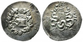 Mysia, Pergamon. ca.85-76 BC. AR Cistophoric Tetradrachm (27mm, 12.23g). Serpent emerging from cista mystica; all within ivy wreath / Two serpents ent...