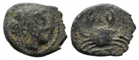 Mysia, Priapos. ca.300-200 BC. Æ (12mm, 1.07g). Laureate head of Apollo right / ΠPI-A, crab, below, harpa right. SNG France -; SNG von Aulock 7526; SN...