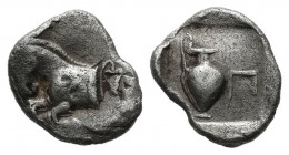 Mysia, Proconnesus. ca.400-280 BC. AR Obol (9mm, 0.62g). Forepart of horse left; grape bunch to right. / Oinochoe; Π to right; all within incuse squar...