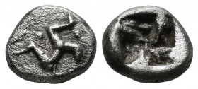 Pamphylia, Aspendos. 5th century BC. AR Obol (9mm, 1.03g). Triskeles surrounded by pellets / Quadripartite incuse square. Cf. Rosen 392.