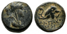 Seleukid Kingdom. Antiochos IV Epiphanes, 175-164 BC. Æ (13mm, 4.16g). Antiochia mint, 175-172 BC. Veiled and diademed bust of Laodike IV right / BAΣI...