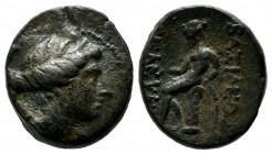Seleukid Kingdom. Seleukos III Keraunos, 226-223 BC. Æ Dichalkon (15mm, 3.87g). Antiochia mint. Head of Artemis right, quiver at shoulder. / BAΣIΛEΩΣ ...