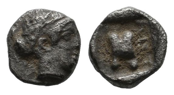 Troas, Antandros. Late 5th century BC. AR Tetartemorion (6mm, 0.28g). Head of Ar...