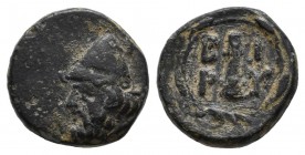 Troas, Birytis. ca.300 BC. Æ (11mm, 1.35g). Head of Kabeiros left wearing pilos. / Club between BIPY in wreath (S. 4058).
