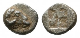 Troas, Kebren. 5th century BC. AR Hemiobol (6mm, 0.36g). KEBP. Head of ram right. / Quadripartite incuse square. SNG Copenhagen 256.