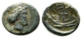 Troas, Zeleia. ca.4th century BC. Æ (11mm, 1.23g). Head of Artemis right, wearing stephane. / Ζ E-Λ E. Monogram (or torque) within wreath of grain ear...
