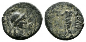 Aeolis, Aigai?. ca.1st century BC. Æ (13mm, 2.10g). Helmeted head of Athena right. / [ΔI] ΦIΛO [C]. Zeus standing left, holding eagle and scepter. The...