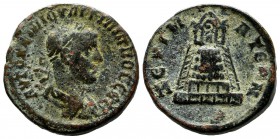Commagene, Zeugma. Philip I. AD.244-249. AE (23mm, 10.56g). Laureate bust right, slight drapery on far shoulder / Portico of two stories, behind which...