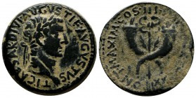 Commagene. Tiberius, AD.14-37. Æ Dupondius (30mm, 19.65g). TI CAESAR DIVI AVGVST F AVGVSTVS, laureate head of Tiberius right / PONT MAXIM COS III IMP ...
